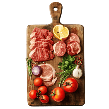 Cutting Board with meat top view full length isolate on transparency background png