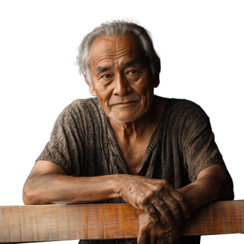 Elderly man leaning on wooden planks with a calm expression, focused on his work, on a transparent background png