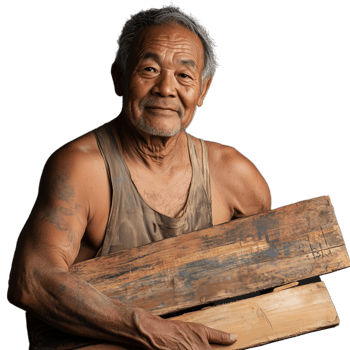 Elderly man holding wooden planks, smiling with a sense of accomplishment, on a transparent background png