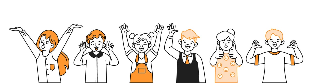 Group of children expressing emotions color line icons set. Preteen kids show mood with variety of hand gestures on white background vector