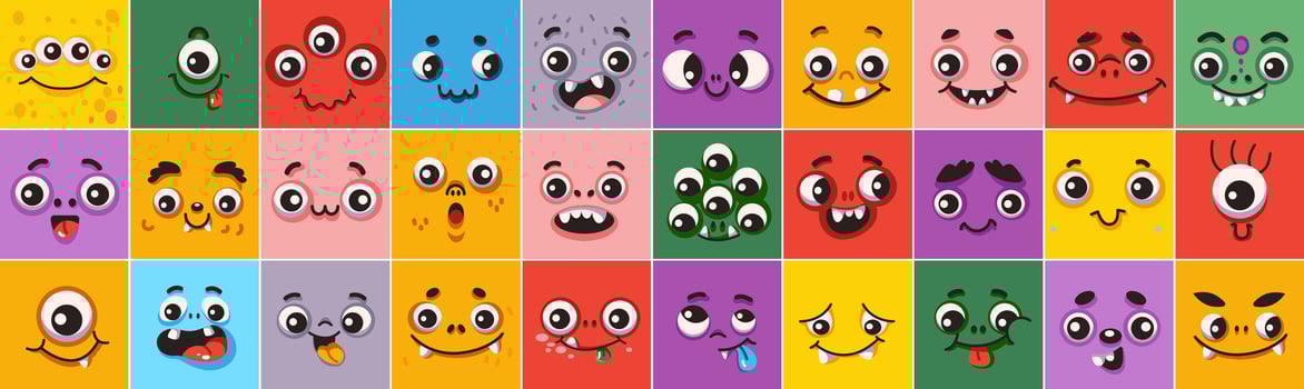 Childish monsters faces in multicolor squares flat color icons set. Fantastic beasts looks illustration pack. Funny avatars collection vector