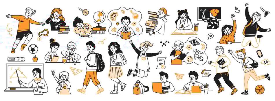 Students and teachers with supplies doodle line and color illustration set. School education process linear sketch people collection vector