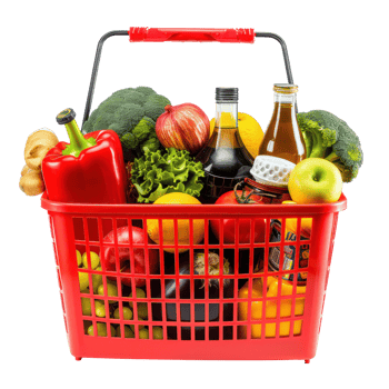 Red plastic Shopping basket with variety of grocery products isolate on transparency background png