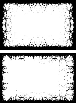 two black and white frames with a crack pattern, three white vertical banners with black borders, a square frame with black and white grunge effect paint set vector