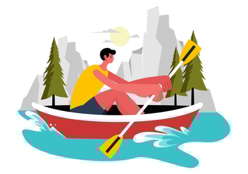 Illustration of Water Sports Enthusiasts Rowing and Sailing on a Peaceful Lake in Flat Style Background vector