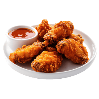 Deliciously crispy fried chicken wings served on a white plate with a side of tangy dipping sauce. Perfect for parties, gatherings, or a savory snack. png