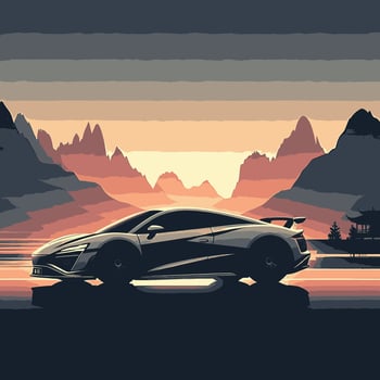 A black sports car in front of mountains at sunset vector