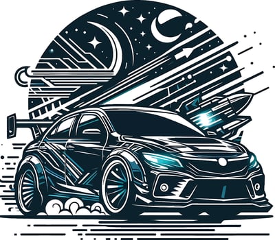 A car with a rocket on it and a space background vector