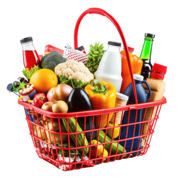 Shopping basket with variety of grocery products isolate on transparency background png