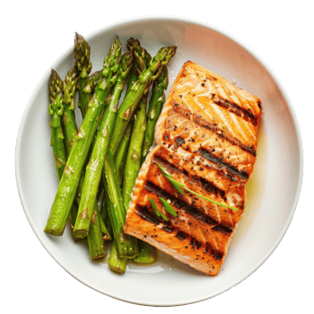 grilled salmon and asparagus on a plate isolate on white background png