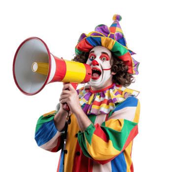Friendly smiling person in clown costume holding megaphone front view isolate on transparency background png
