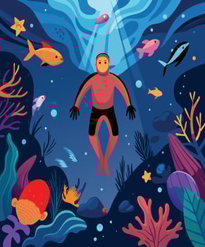 Underwater Spirit Surrounded by Colorful Ocean Creatures, Seeking Connection. vector
