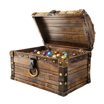 Treasure chest filled with gold, jewelry, and gems, 3d render style side view isolate on transparency background png