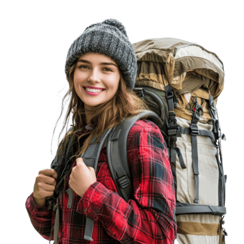 Smiling hiker woman carrying backpack isolate on transparency background png