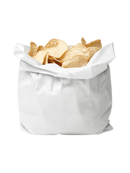 Crispy potato chips in a white bag on transparent background. png