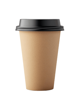 Brown disposable coffee cup with a black lid on transparent background. png