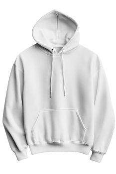 White hoodie with a pouch pocket and drawstring on transparent background. png