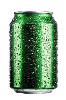 Shiny green soda can with condensation on transparent background. png