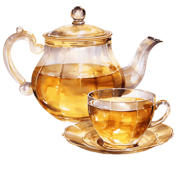 A clear teapot and cup with golden tea, isolated transparent background. png