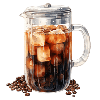 Coffee press with ice cubes and coffee beans, isolate on transparent background png