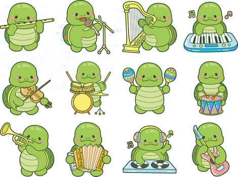 Turtle in the variation of instrument. Kawaii turtle daily life sticker cute. Cute turtle mascot illustrations. vector
