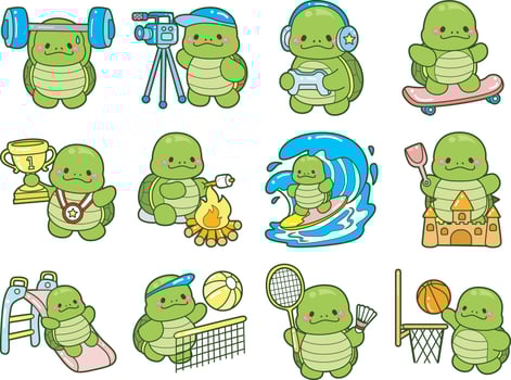 Turtle in the variation of sport. Kawaii turtle daily life sticker cute. Cute turtle mascot illustrations. vector