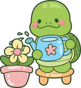 Turtle watering a plants. Kawaii turtle daily life sticker cute. Cute turtle mascot illustrations. vector