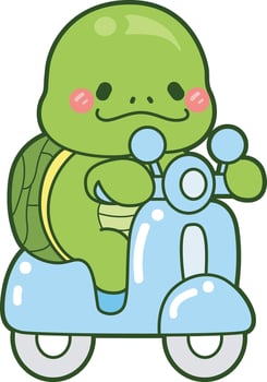 Turtle driving a motorcycle. Kawaii turtle daily life sticker cute. Cute turtle mascot illustrations. vector
