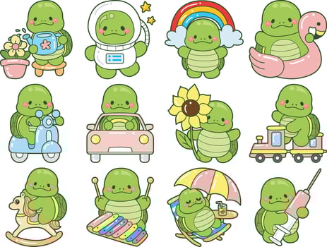 Cute turtle in the variation transportation of turtle. Kawaii turtle daily life sticker cute. Cute turtle mascot illustrations. vector