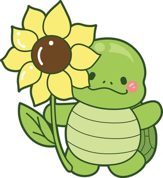 Turtle bring a big sun flower. Kawaii turtle daily life sticker cute. Cute turtle mascot illustrations. vector