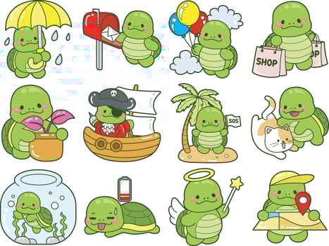Turtle in the variation of cute daily life routine mascot turtle. Kawaii turtle daily life sticker cute. Cute turtle mascot illustrations. vector