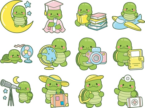 Turtle in the variation of smart turtle elements. Kawaii turtle daily life sticker cute. Cute turtle mascot illustrations. vector