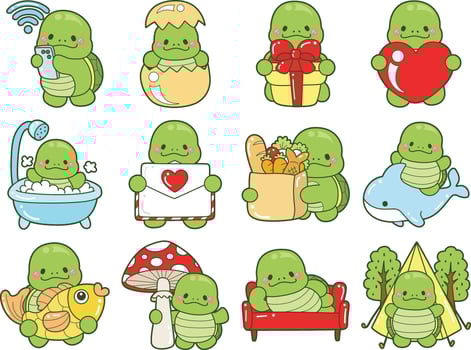 Variation of activity daily routine of cute turtle. Kawaii turtle daily life sticker cute. Cute turtle mascot illustrations. vector