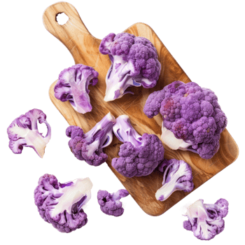 Pieces Purple Cauliflower on chopping board top view isolate on transparency background png