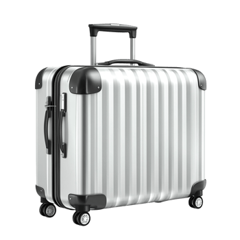 Stylish silver suitcase with sturdy wheels and a retractable handle, isolated on transparent background. png