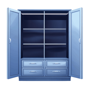 Blue cabinet with open doors and shelves, isolated on transparent background. png