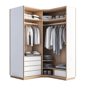 Stylish corner wardrobe with organized shelves and hanging space, isolated on transparent background. png
