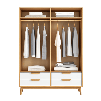Stylish wooden wardrobe with hanging clothes and neatly arranged shelves, isolated on transparent background. png
