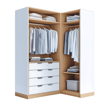 Stylish corner wardrobe with neatly organized shirts and drawers, isolated on transparent background. png
