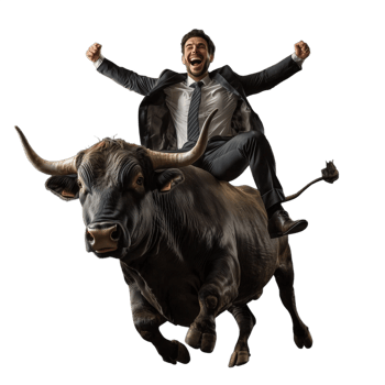 Businessman in a suit joyfully riding a powerful bull with a transparent background, symbolizing success, adventure, and triumph in business and finance concepts png