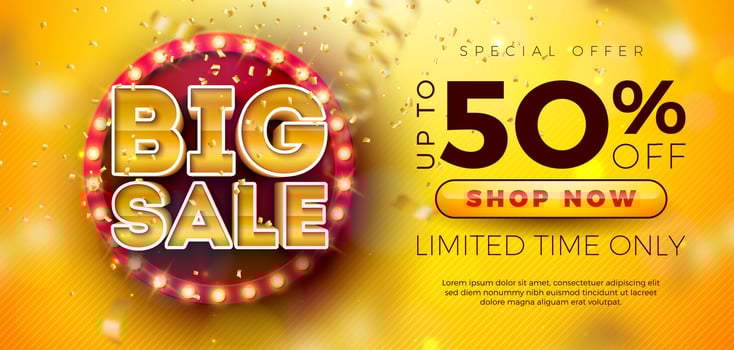 Shopping Day Big Sale Banner Design with Light Bulb Billboard and Golden Text Label on Falling Confetti Background. Special Offer Campaign Discount Illustration for Coupon, Voucher, Banner vector