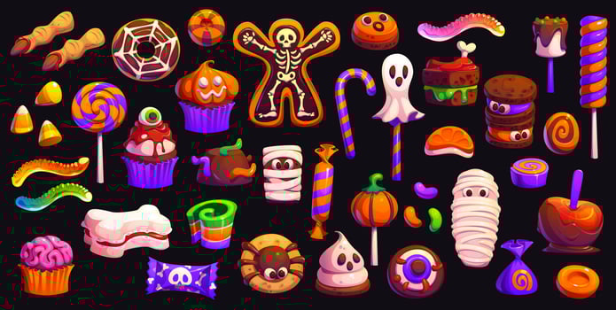 Cartoon Halloween holiday sweets, desserts, candy vector