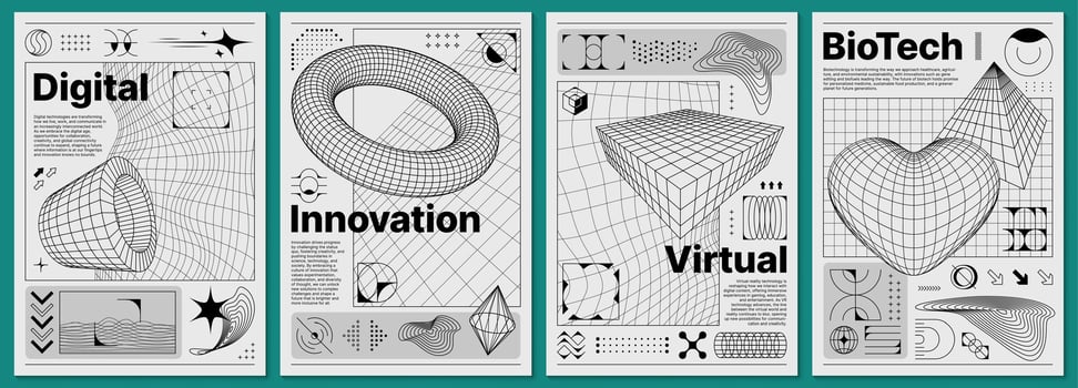 Brutalism y2k posters with retro grid, 3d shapes vector