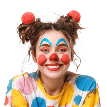 Cheerful young female as colorful clown smiling isolate on transparency background png