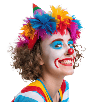 Cheerful young female as colorful clown smiling side view isolate on transparency background png