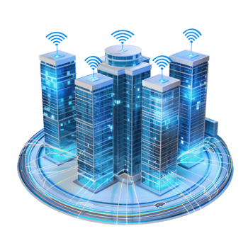realistic 3 buildings with wifi antennas connected. the buildings are also connected with fiber optics in a circular fashion all around png
