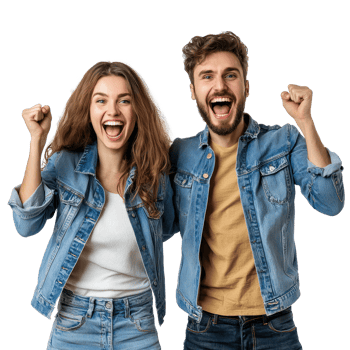 Excited young couple rejoicing success gesture, standing front view isolate on transparency background png