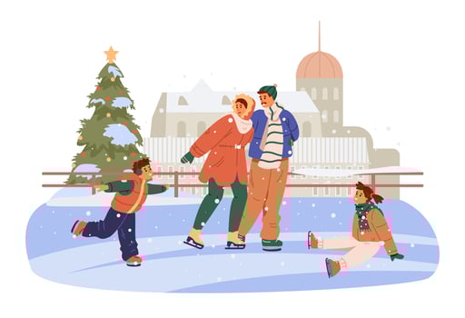 Happy family having fun on outdoor city ice rink flat scene isolated on white. vector