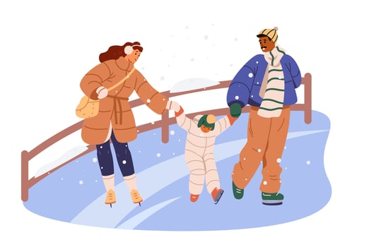 Multiracial family having fun on outdoor ice rink flat scene isolated on white. Parents teaching their baby to skate. vector
