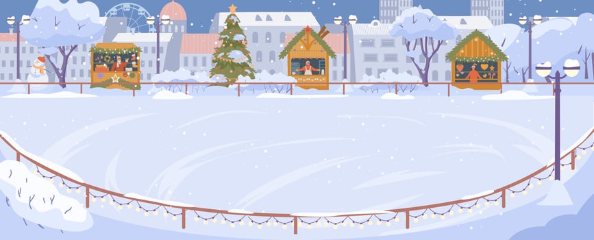 Winter outdoors ice rink with no people with Christmas fair stalls and houses at the background flat illustration. vector